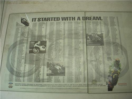 HONDA STARTED WITH DREAM 500TH GRAND PRIX VICTORY MOTORCYCLE POSTER USED PO-300 COLLECTIBLE (f17)
