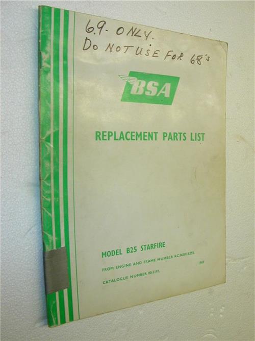1969 BSA B25 STARFIRE REPLACEMENT PARTS LIST MANUAL used BOOK (man-F2)