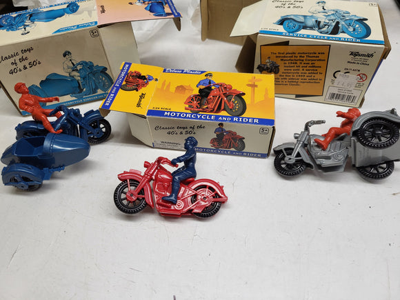 3- DELUXE 1940'S 1950'S CLASSIC PLASTIC MOTORCYCLE SERVICE CAR SIDE CAR NEW TOY COLLECTIBLE (I-TOP 112624-19)