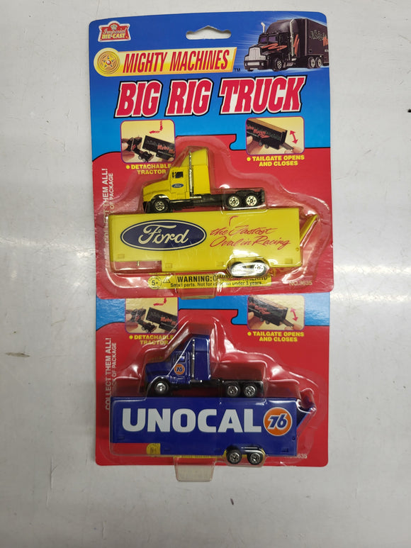 2- IMPERIAL DIECAST MIGHT MACHINES BIG RIG TRUCK BLUE UNOCAL YELLOW FORD NEW TOY COLLECTIBLE (I-TOP 112624-20)