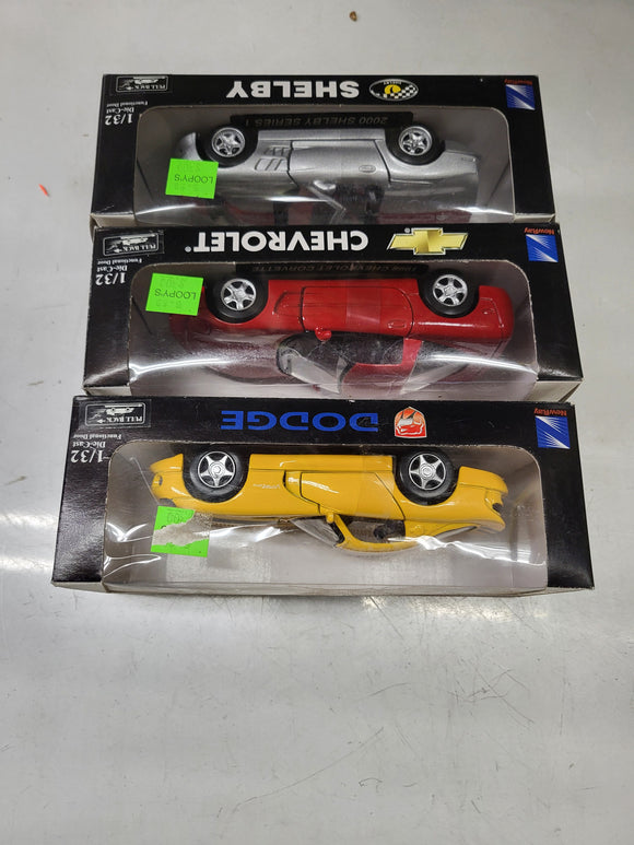 3- 1998 CORVETTE 1996 VIPER 2000 SHELBY 1:32 DIECAST NEW RAY NEW TOY COLLECTIBLE (I-TOP 112624-21)