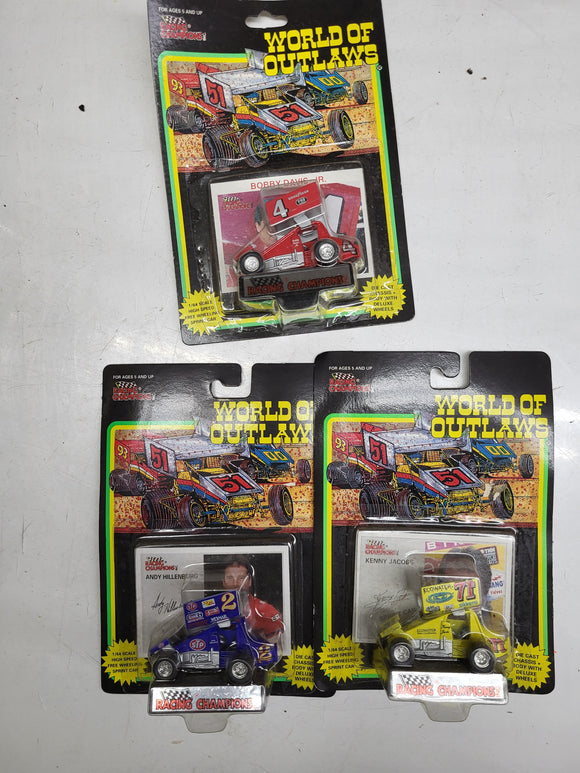 3- WORLD OF OUTLAWS HILLENBURG JACOBS DAVIS SPRINT CAR RACING CHAMPIONS NEW TOY COLLECTIBLE (I-TOP 112624-25)