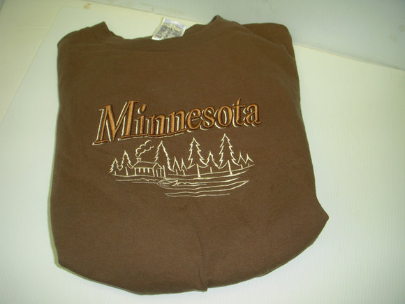 Large Brown T-Shirt Embroidery Minnesota Cabin Trees